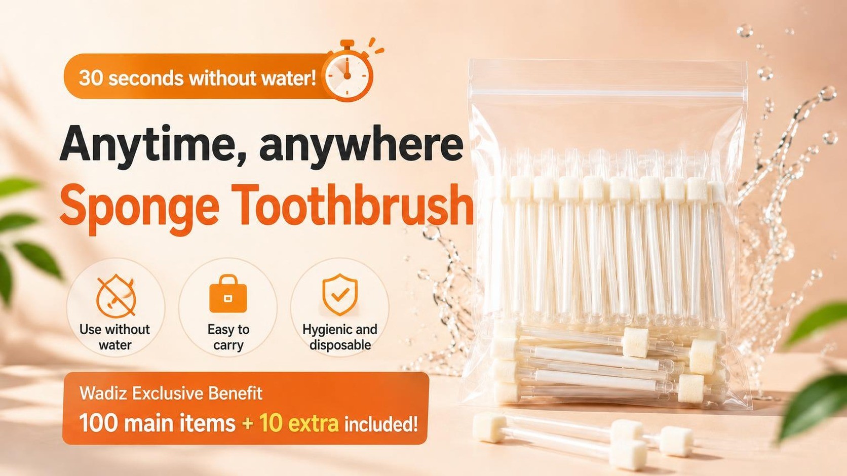 30 Seconds No Water! Disposable Sponge Toothbrush Anytime Anywhere