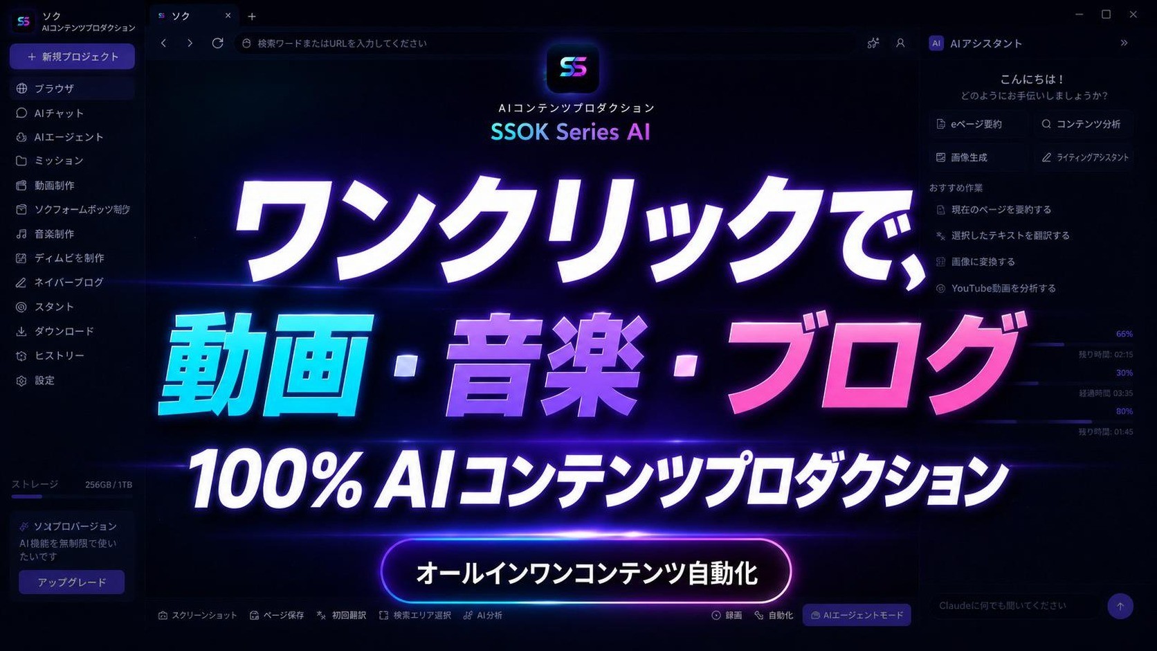 ワンクリックで動画・音楽・ブログ、100％AI制作コンテンツ