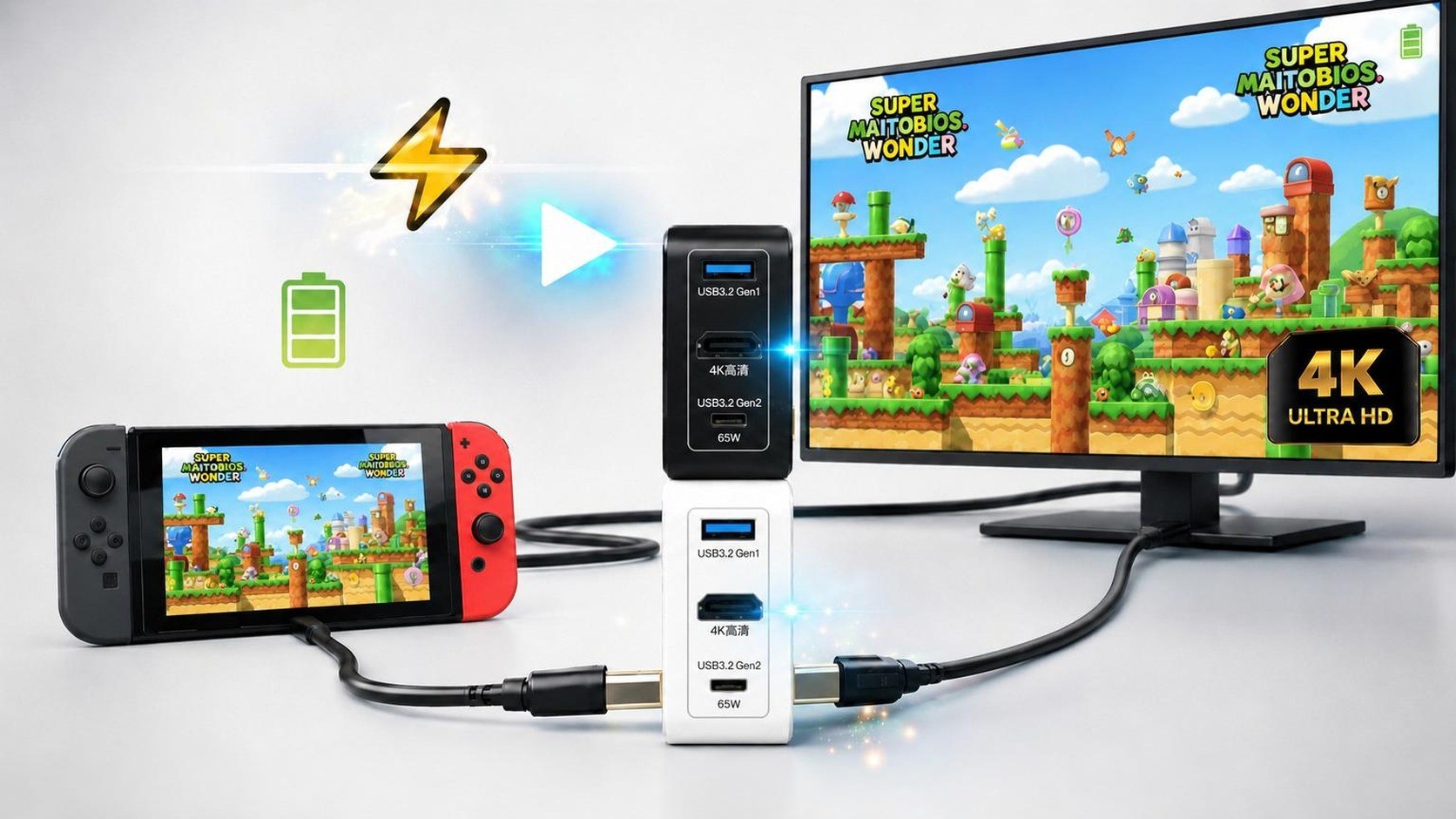 [支持任天堂独立模式] 65W PD快充+4K HDMI扩展坞+USB集线器三合一